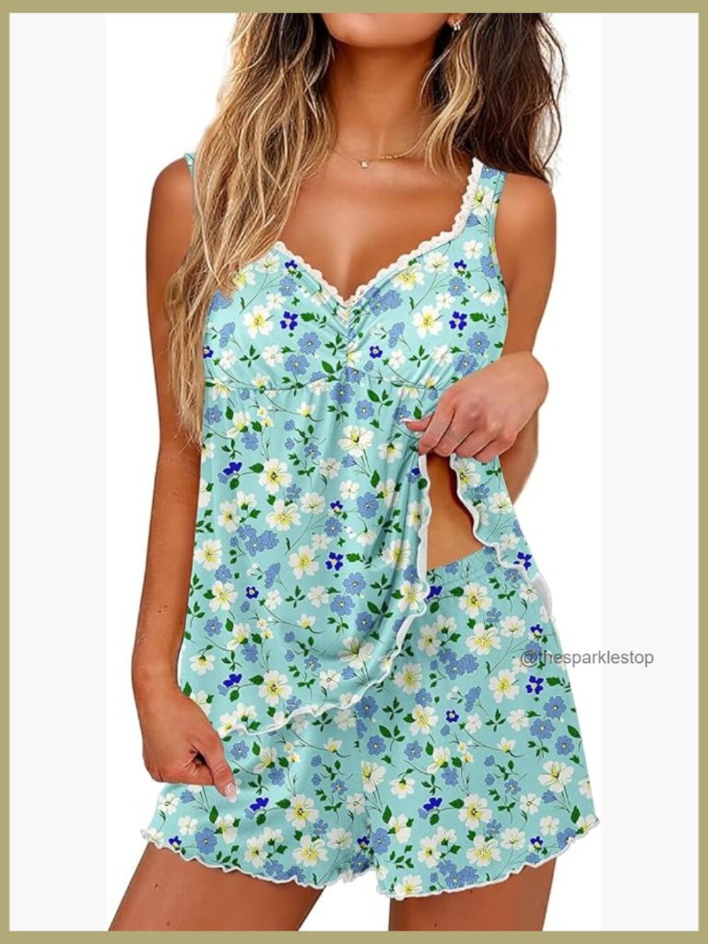 Lace V-Neck Pajama Set with Ruffle Hem, Polyester and Spandex